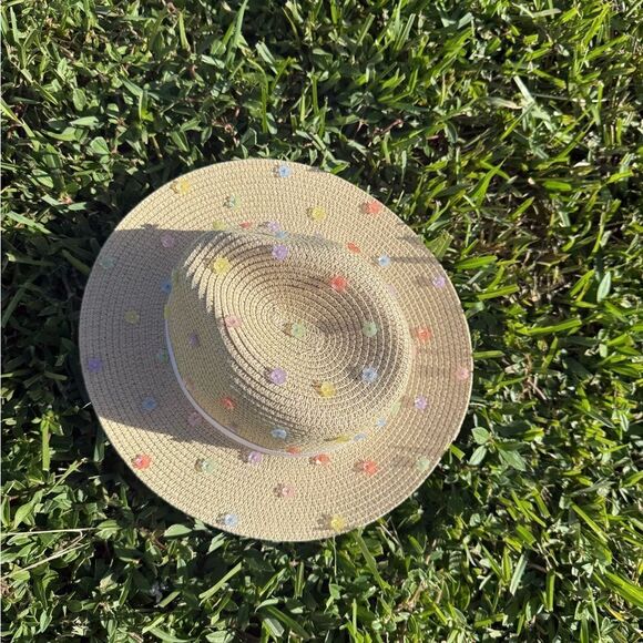 Womens Summer Hat - White Trim - Floral Hand Sewn Beads - BRAND NEW